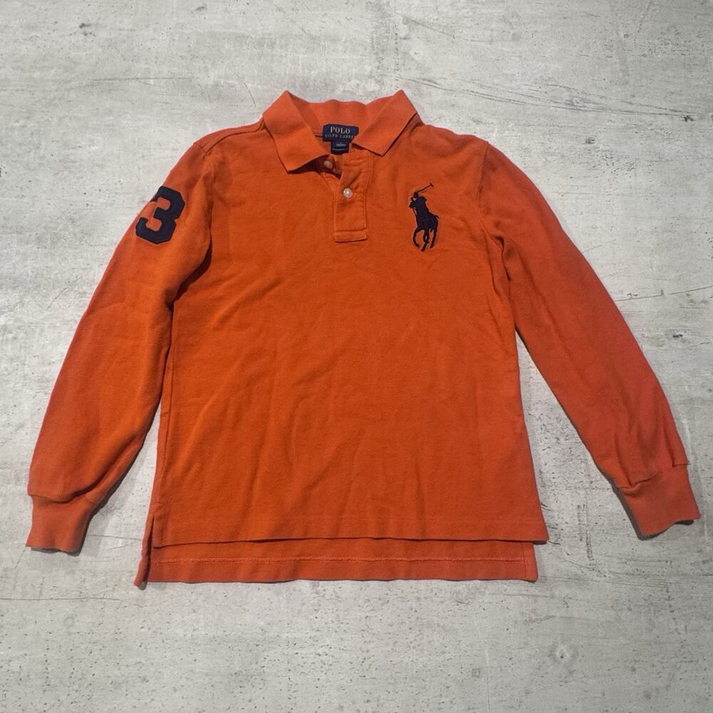 Polo Ralph Lauren Polo Shirt Boys 7 Orange Long Sleeve Rugby Big Pony 3 Patch
